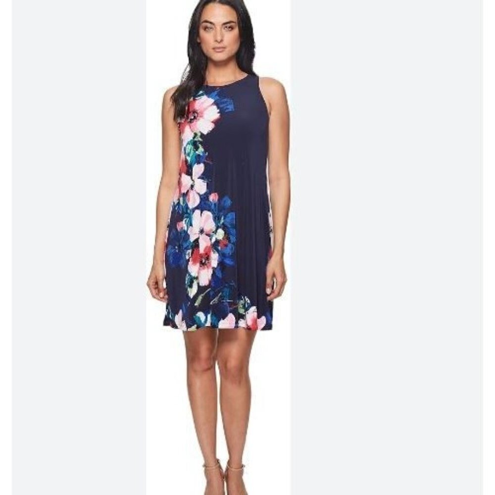 Lauren Ralph Lauren Floral A Line Knee Length Dress Sleeveless Women's 2 Blue